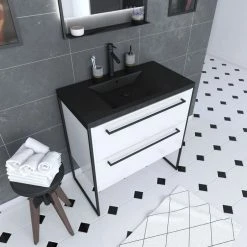 Aurlane Meuble De Salle De Bain 80x50cm Blanc - 2 Tiroirs Blanc - Vasque Resine Noire Effet Pierre