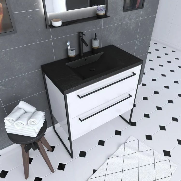 Aurlane Meuble De Salle De Bain 80x50cm Blanc - 2 Tiroirs Blanc - Vasque Resine Noire Effet Pierre 1 Aurlane Meuble De Salle De Bain 80x50cm Blanc - 2 Tiroirs Blanc - Vasque Resine Noire Effet Pierre