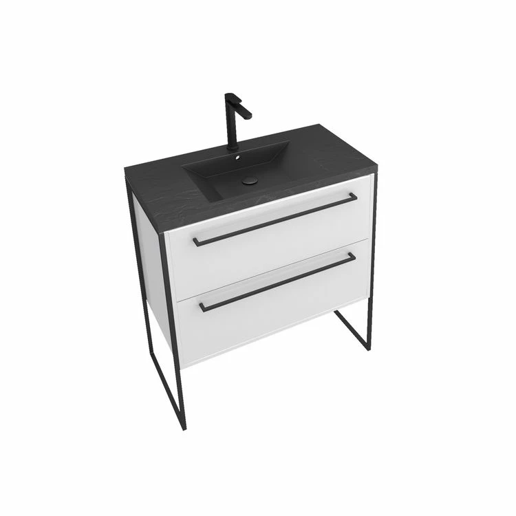 Aurlane Meuble De Salle De Bain 80x50cm Blanc - 2 Tiroirs Blanc - Vasque Resine Noire Effet Pierre 3 Aurlane Meuble De Salle De Bain 80x50cm Blanc - 2 Tiroirs Blanc - Vasque Resine Noire Effet Pierre – Image 3