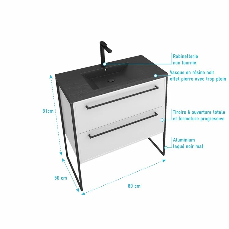 Aurlane Meuble De Salle De Bain 80x50cm Blanc - 2 Tiroirs Blanc - Vasque Resine Noire Effet Pierre 4 Aurlane Meuble De Salle De Bain 80x50cm Blanc - 2 Tiroirs Blanc - Vasque Resine Noire Effet Pierre – Image 4