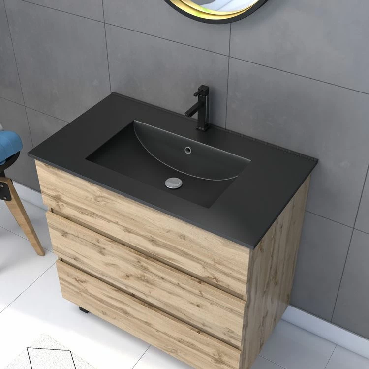 Aurlane Pack Meuble SDB 80cm Sur Pieds 3 Tiroirs Chene_Vasque Noire + Miroir Barber - TIMBER 80_Pack44 2 Aurlane Pack Meuble SDB 80cm Sur Pieds 3 Tiroirs Chene_Vasque Noire + Miroir Barber - TIMBER 80_Pack44 – Image 2