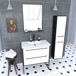 Aurlane Ensemble De Salle De Bain 80 Cm Blanc Finition Noir + Vasque Blanche+ Miroir + Colonne De Rangement