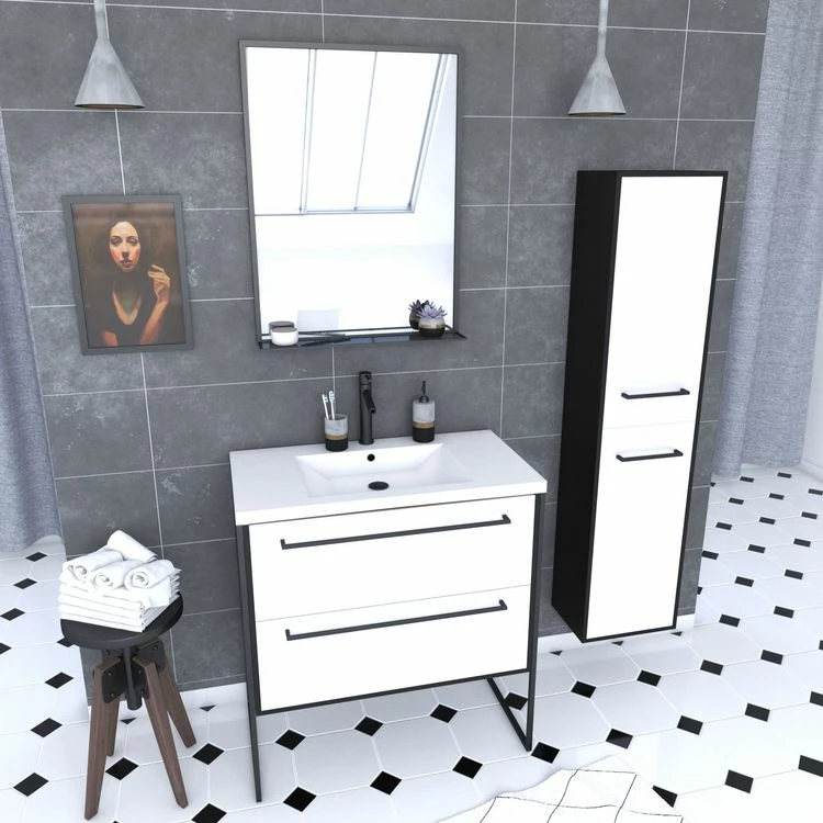 Aurlane Ensemble De Salle De Bain 80 Cm Blanc Finition Noir + Vasque Blanche+ Miroir + Colonne De Rangement 1 Aurlane Ensemble De Salle De Bain 80 Cm Blanc Finition Noir + Vasque Blanche+ Miroir + Colonne De Rangement