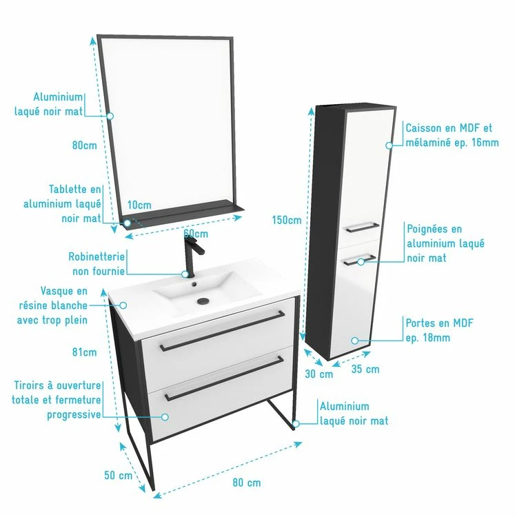 Aurlane Ensemble De Salle De Bain 80 Cm Blanc Finition Noir + Vasque Blanche+ Miroir + Colonne De Rangement 4 Aurlane Ensemble De Salle De Bain 80 Cm Blanc Finition Noir + Vasque Blanche+ Miroir + Colonne De Rangement – Image 4