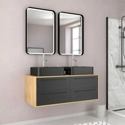 Aurlane Meuble De Salle De Bain Caisson Finition ChĂȘne Naturel + 2 Vasques Noir Mat - UBY 120cm