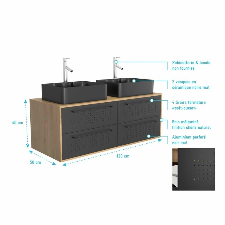 Aurlane Meuble De Salle De Bain Caisson Finition Chêne Naturel + 2 Vasques Noir Mat - UBY 120cm 4 Aurlane Meuble De Salle De Bain Caisson Finition Chêne Naturel + 2 Vasques Noir Mat - UBY 120cm – Image 4