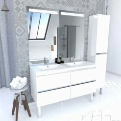 Aurlane Pack Meuble De Salle De Bain 130x50 Cm - Double Vasque Blanche + Miroir LED + Colonne