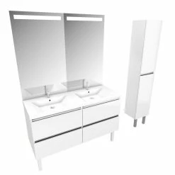 Aurlane Pack Meuble De Salle De Bain 130x50 Cm - Double Vasque Blanche + Miroir LED + Colonne -Paris Prix boutique B2CD 1881