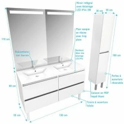 Aurlane Pack Meuble De Salle De Bain 130x50 Cm - Double Vasque Blanche + Miroir LED + Colonne -Paris Prix boutique B2CD 1882