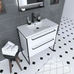 Aurlane Meuble De Salle De Bain 80x50cm Blanc - 2 Tiroirs - Vasque Resine Blanche - Pieds Et Poignées
