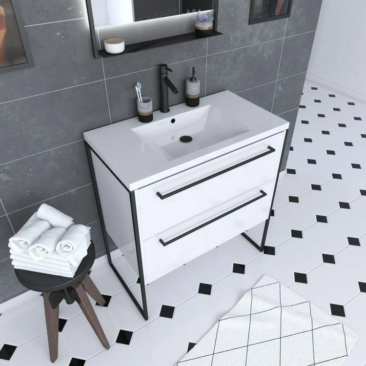 Aurlane Meuble De Salle De Bain 80x50cm Blanc - 2 Tiroirs - Vasque Resine Blanche - Pieds Et Poignées 1 Aurlane Meuble De Salle De Bain 80x50cm Blanc - 2 Tiroirs - Vasque Resine Blanche - Pieds Et Poignées