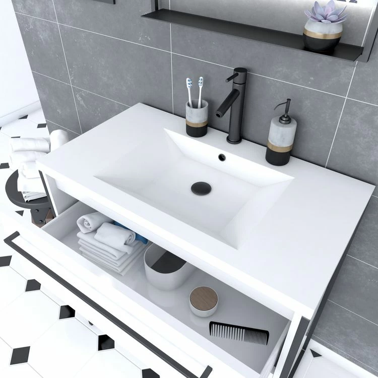 Aurlane Meuble De Salle De Bain 80x50cm Blanc - 2 Tiroirs - Vasque Resine Blanche - Pieds Et Poignées 2 Aurlane Meuble De Salle De Bain 80x50cm Blanc - 2 Tiroirs - Vasque Resine Blanche - Pieds Et Poignées – Image 2