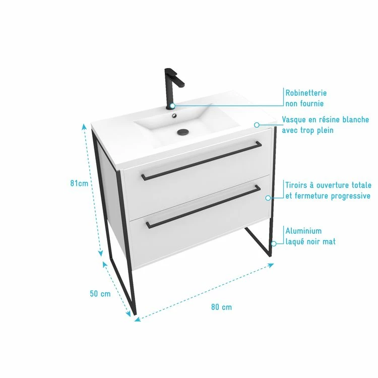 Aurlane Meuble De Salle De Bain 80x50cm Blanc - 2 Tiroirs - Vasque Resine Blanche - Pieds Et Poignées 4 Aurlane Meuble De Salle De Bain 80x50cm Blanc - 2 Tiroirs - Vasque Resine Blanche - Pieds Et Poignées – Image 4