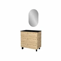 Aurlane Meuble Salle De Bains 80cm 3 Tiroirs Chêne Industriel + Vasque Noire Et Miroir Ovale -Paris Prix boutique B2CD 1896