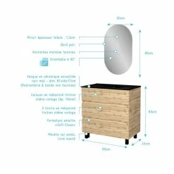 Aurlane Meuble Salle De Bains 80cm 3 Tiroirs Chêne Industriel + Vasque Noire Et Miroir Ovale -Paris Prix boutique B2CD 1897