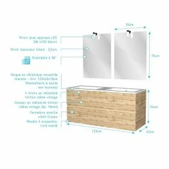 Aurlane Meuble Salle De Bains 120cm 4 Tiroirs Chêne Industriel + Vasque Blanche + Miroirs Avec Appliques Led -Paris Prix boutique B2CD 1908