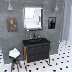 Aurlane Meuble De Salle De Bain 80x50cm Chene Brun - 2 Tiroirs - Vasque Resine Noire Effet Pierre - Miroir