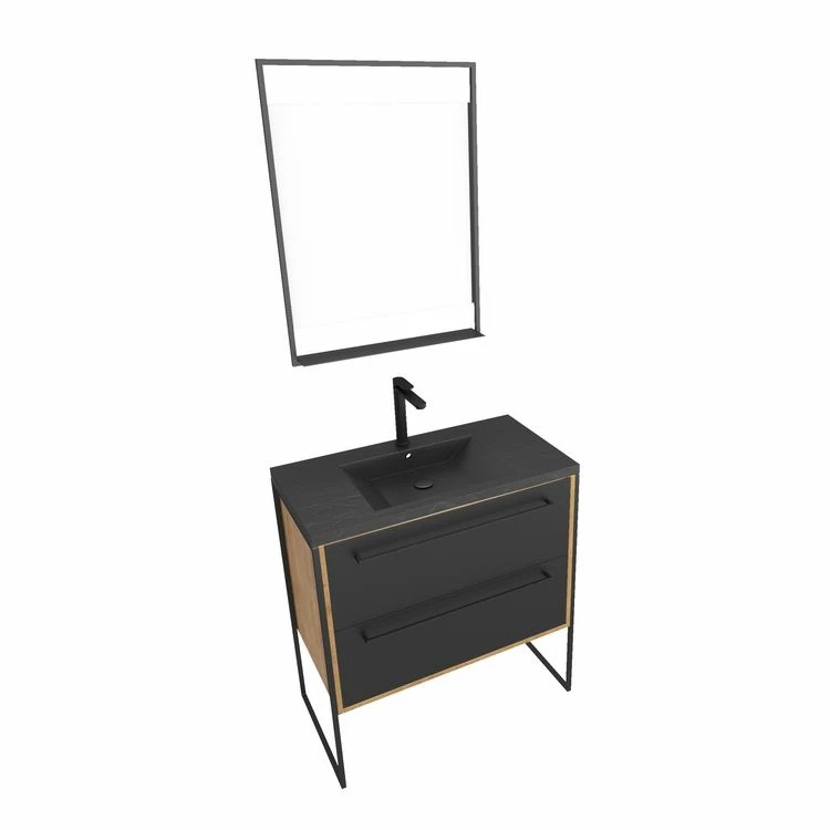 Aurlane Meuble De Salle De Bain 80x50cm Chene Brun - 2 Tiroirs - Vasque Resine Noire Effet Pierre - Miroir 3 Aurlane Meuble De Salle De Bain 80x50cm Chene Brun - 2 Tiroirs - Vasque Resine Noire Effet Pierre - Miroir – Image 3