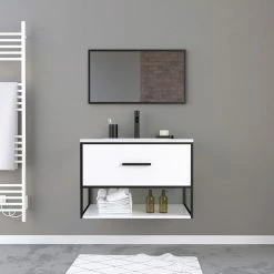 Aurlane Meuble De Salle De Bain Blanc 1 Tiroir + Vasque Céramique Et Miroir Cadre Noir Mat - THINK 80