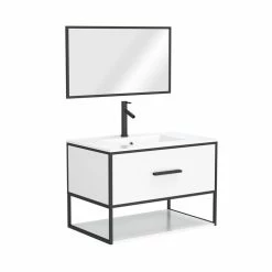 Aurlane Meuble De Salle De Bain Blanc 1 Tiroir + Vasque Céramique Et Miroir Cadre Noir Mat - THINK 80 -Paris Prix boutique B2CD 1948