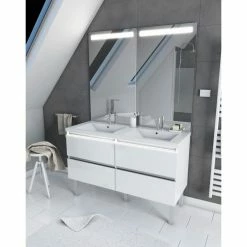 Aurlane Meuble Salle De Bain 130 Cm Blanc - Avec Tiroirs - Double Vasque Et Miroir - MERELY WHITE 130