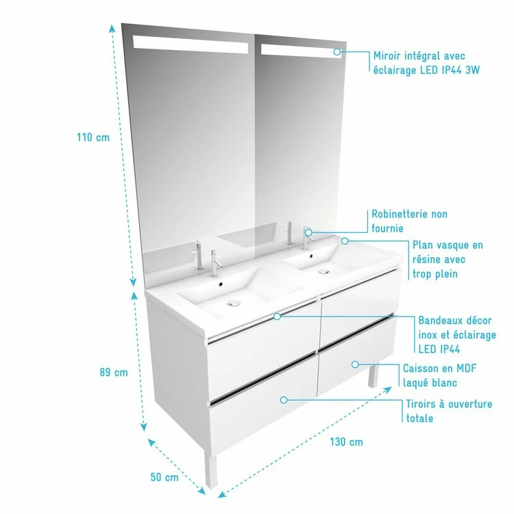 Aurlane Meuble Salle De Bain 130 Cm Blanc - Avec Tiroirs - Double Vasque Et Miroir - MERELY WHITE 130 4 Aurlane Meuble Salle De Bain 130 Cm Blanc - Avec Tiroirs - Double Vasque Et Miroir - MERELY WHITE 130 – Image 4