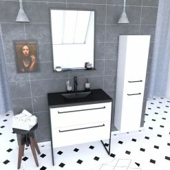 Aurlane Meuble De Salle De Bain 80x50 Cm - 2 Tiroirs Blanc - Vasque Resine Noir Effet Pierre + Colonne