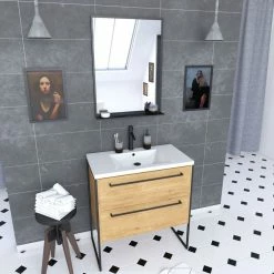 Aurlane Meuble De Salle De Bain 80x50cm - Vasque Blanche - 2 Tiroirs Finition ChĂȘne Naturel + Miroir