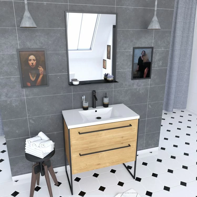 Aurlane Meuble De Salle De Bain 80x50cm - Vasque Blanche - 2 Tiroirs Finition Chêne Naturel + Miroir 1 Aurlane Meuble De Salle De Bain 80x50cm - Vasque Blanche - 2 Tiroirs Finition Chêne Naturel + Miroir