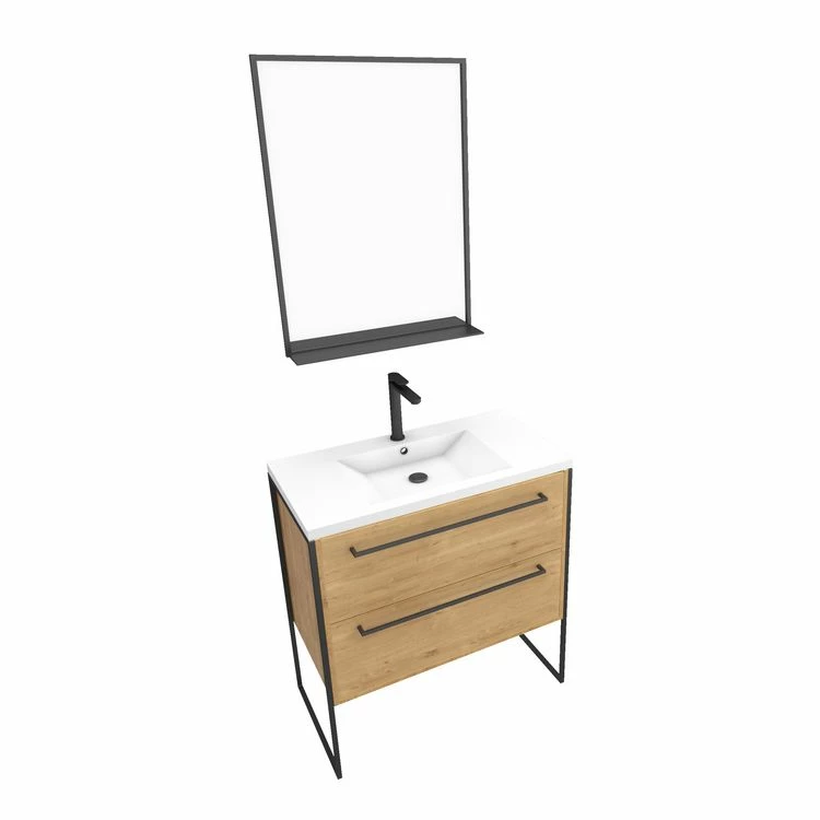 Aurlane Meuble De Salle De Bain 80x50cm - Vasque Blanche - 2 Tiroirs Finition Chêne Naturel + Miroir 3 Aurlane Meuble De Salle De Bain 80x50cm - Vasque Blanche - 2 Tiroirs Finition Chêne Naturel + Miroir – Image 3