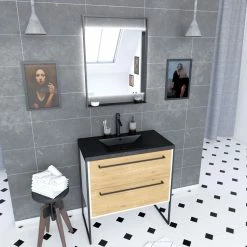 Aurlane Meuble De Salle De Bain 80x50 Cm + 2 Tiroirs ChĂȘne Naturel + Vasque Noir Effet Pierre + Miroir Led