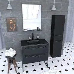Aurlane Pack Meuble De Salle De Bain 80x50 Cm Noir - 2 Tiroirs - Vasque Noire - Miroir - Colonne Suspendu