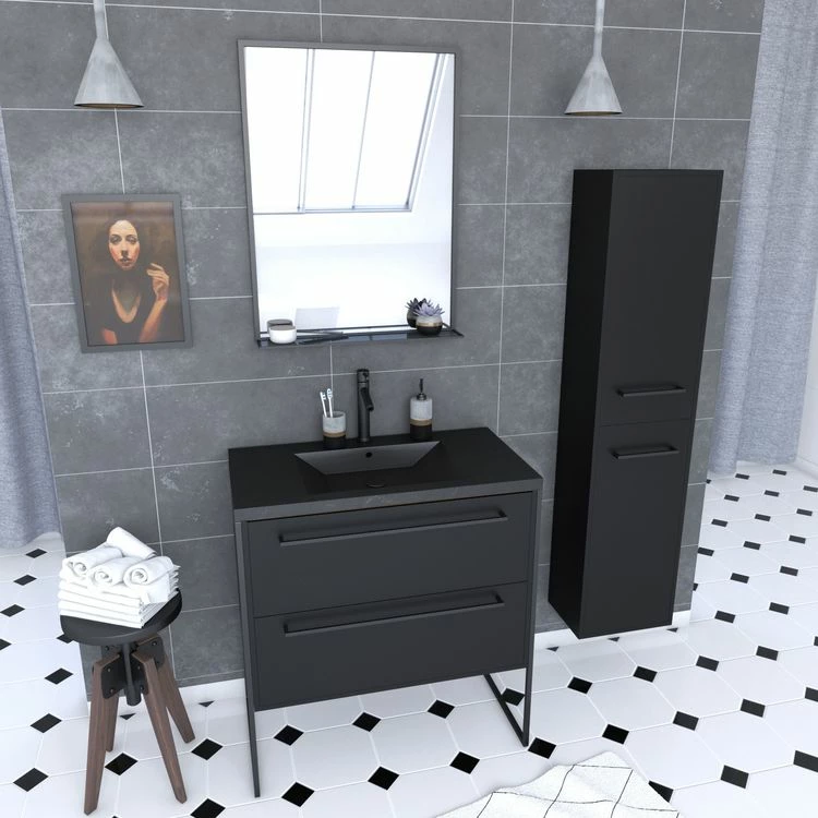 Aurlane Pack Meuble De Salle De Bain 80x50 Cm Noir - 2 Tiroirs - Vasque Noire - Miroir - Colonne Suspendu 1 Aurlane Pack Meuble De Salle De Bain 80x50 Cm Noir - 2 Tiroirs - Vasque Noire - Miroir - Colonne Suspendu
