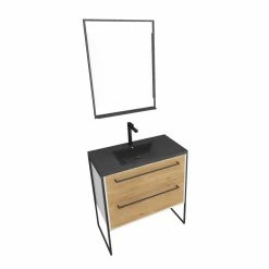 Aurlane Meuble De Salle De Bain 80x50 Cm + 2 Tiroirs Chêne Naturel + Vasque Noir Effet Pierre + Miroir Led -Paris Prix boutique B2CD 1971