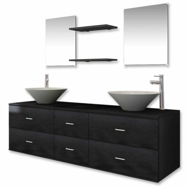 VIDAXL Meubles De Salle De Bain 9 Pcs Avec Lavabo Et Robinet Noir 2 VIDAXL Meubles De Salle De Bain 9 Pcs Avec Lavabo Et Robinet Noir – Image 2
