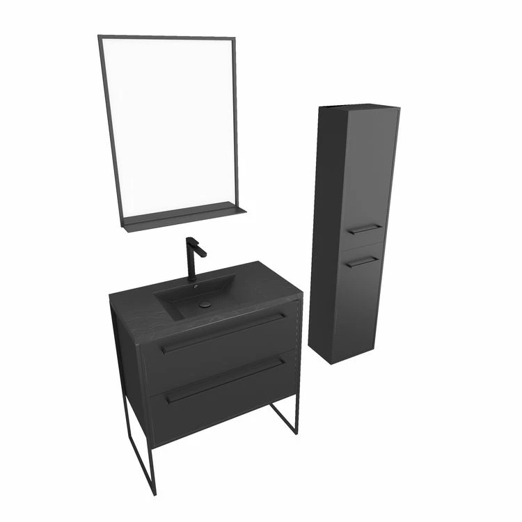 Aurlane Pack Meuble De Salle De Bain 80x50 Cm Noir - 2 Tiroirs - Vasque Noire - Miroir - Colonne Suspendu 3 Aurlane Pack Meuble De Salle De Bain 80x50 Cm Noir - 2 Tiroirs - Vasque Noire - Miroir - Colonne Suspendu – Image 3