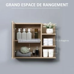 KLEANKIN Armoire Miroir De Salle De Bain Avec étagère - 3 étagères Latérales - Kit Installation Murale Fourni - Panneaux Particules Aspect Chêne Clair -Paris Prix boutique B2CD 1994