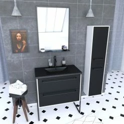 Aurlane Ensemble Meuble De Salle De Bain 80x50 Cm - Vasque Noir Effet Pierre + Colonne Noir Mat + Miroir