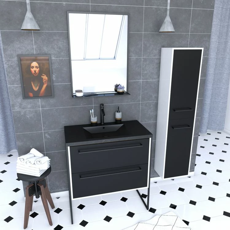 Aurlane Ensemble Meuble De Salle De Bain 80x50 Cm - Vasque Noir Effet Pierre + Colonne Noir Mat + Miroir 1 Aurlane Ensemble Meuble De Salle De Bain 80x50 Cm - Vasque Noir Effet Pierre + Colonne Noir Mat + Miroir