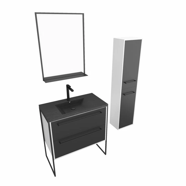 Aurlane Ensemble Meuble De Salle De Bain 80x50 Cm - Vasque Noir Effet Pierre + Colonne Noir Mat + Miroir 3 Aurlane Ensemble Meuble De Salle De Bain 80x50 Cm - Vasque Noir Effet Pierre + Colonne Noir Mat + Miroir – Image 3