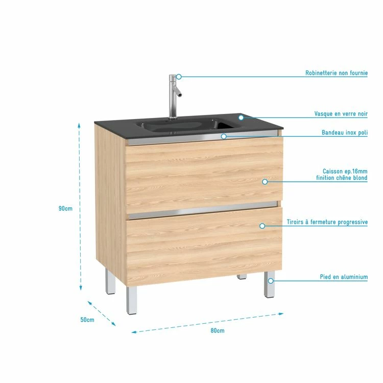 Aurlane Pack Meuble De Salle De Bain 80x50 Cm Chêne Blond - 2 Tiroirs - Vasque En Verre Noire 4 Aurlane Pack Meuble De Salle De Bain 80x50 Cm Chêne Blond - 2 Tiroirs - Vasque En Verre Noire – Image 4