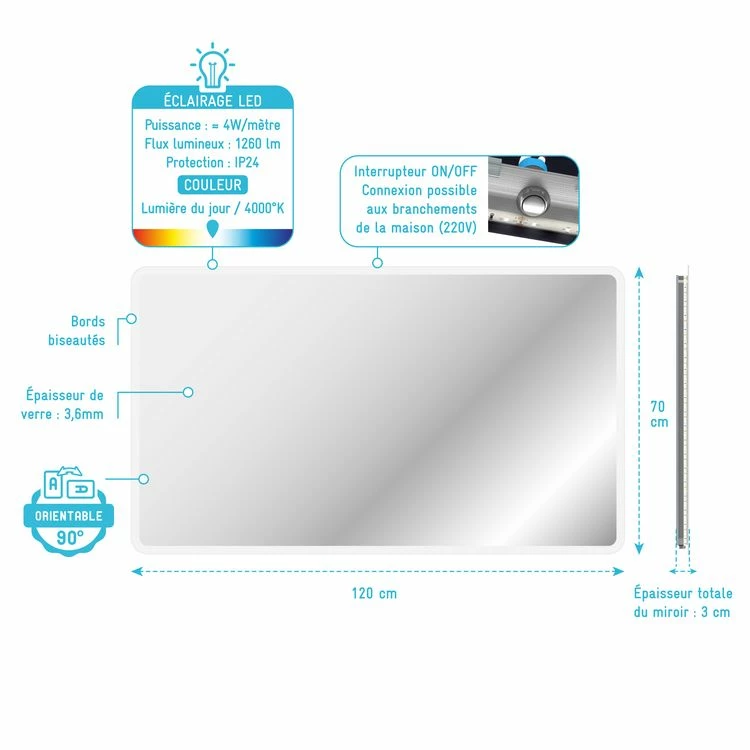 Aurlane Miroir LED IP24 Réversible - 120x70cm GO RECTANGULAR LED 120 4 Aurlane Miroir LED IP24 Réversible - 120x70cm GO RECTANGULAR LED 120 – Image 4