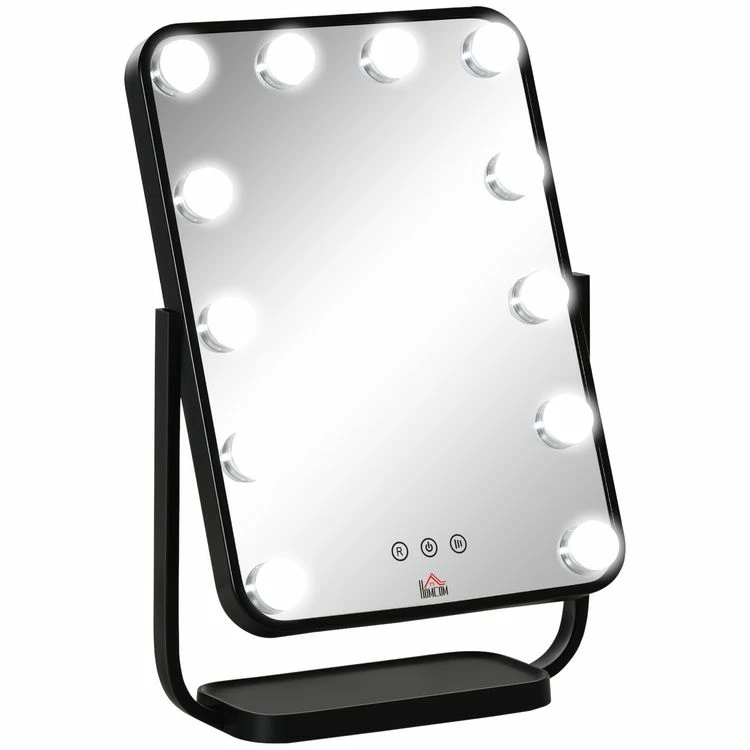 HOMCOM Miroir Maquillage Hollywood Lumineux LED Tactile - 3 Modes éclairage, Inclinable, Adaptateur - Métal Noir Verre 1 HOMCOM Miroir Maquillage Hollywood Lumineux LED Tactile - 3 Modes éclairage, Inclinable, Adaptateur - Métal Noir Verre