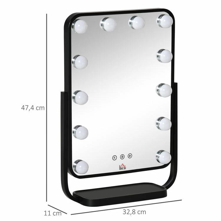 HOMCOM Miroir Maquillage Hollywood Lumineux LED Tactile - 3 Modes éclairage, Inclinable, Adaptateur - Métal Noir Verre 3 HOMCOM Miroir Maquillage Hollywood Lumineux LED Tactile - 3 Modes éclairage, Inclinable, Adaptateur - Métal Noir Verre – Image 3
