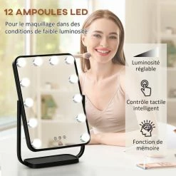 HOMCOM Miroir Maquillage Hollywood Lumineux LED Tactile - 3 Modes éclairage, Inclinable, Adaptateur - Métal Noir Verre 10 HOMCOM Miroir Maquillage Hollywood Lumineux LED Tactile - 3 Modes éclairage, Inclinable, Adaptateur - Métal Noir Verre -Paris Prix boutique B2CD 2076