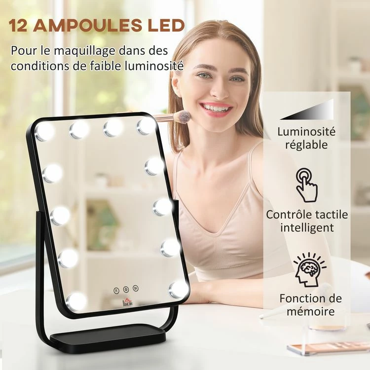 HOMCOM Miroir Maquillage Hollywood Lumineux LED Tactile - 3 Modes éclairage, Inclinable, Adaptateur - Métal Noir Verre 5 HOMCOM Miroir Maquillage Hollywood Lumineux LED Tactile - 3 Modes éclairage, Inclinable, Adaptateur - Métal Noir Verre – Image 5