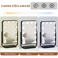 HOMCOM Miroir Maquillage Hollywood Lumineux LED Tactile - 3 Modes éclairage, Inclinable, Adaptateur - Métal Noir Verre 11 HOMCOM Miroir Maquillage Hollywood Lumineux LED Tactile - 3 Modes éclairage, Inclinable, Adaptateur - Métal Noir Verre -Paris Prix boutique B2CD 2077