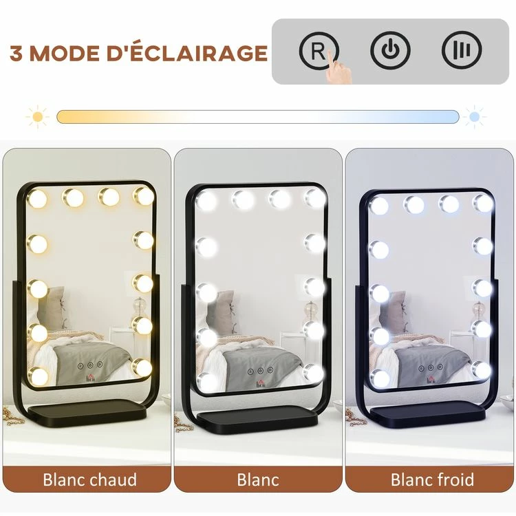 HOMCOM Miroir Maquillage Hollywood Lumineux LED Tactile - 3 Modes éclairage, Inclinable, Adaptateur - Métal Noir Verre 6 HOMCOM Miroir Maquillage Hollywood Lumineux LED Tactile - 3 Modes éclairage, Inclinable, Adaptateur - Métal Noir Verre – Image 6