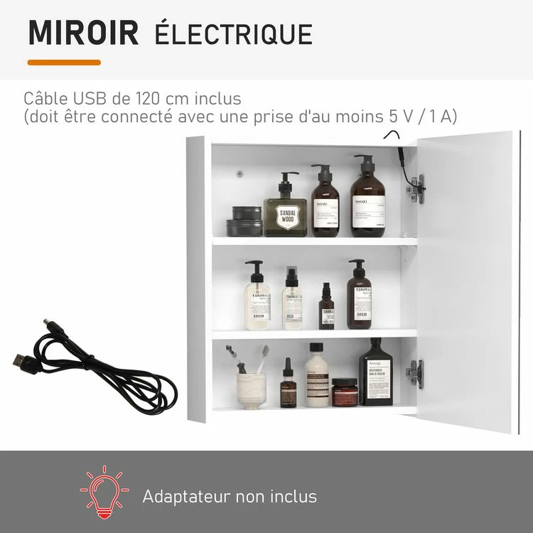 HOMCOM Miroir Lumineux LED Armoire Murale Design De Salle De Bain 2 En 1 Dim. 50L X 15l X 60H Cm MDF Blanc 6 HOMCOM Miroir Lumineux LED Armoire Murale Design De Salle De Bain 2 En 1 Dim. 50L X 15l X 60H Cm MDF Blanc – Image 6