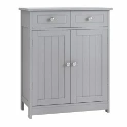 KLEANKIN Meuble Bas De Salle De Bain Sur Pied 2 Portes Avec étagère Réglable 2 Tiroirs Poignées Boutons Métal MDF Gris